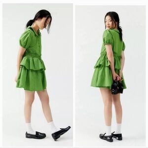 UO Claire ruffle babydoll gingham‎ dress green Peter Pan collar smocked puff y2k